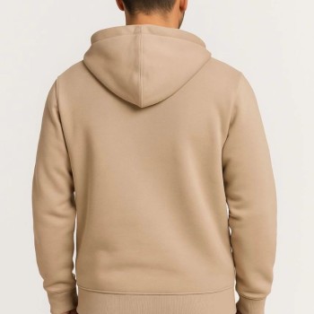 Erkek 3 İplik Pamuklu Kapüşonlu Tam Fermuarlı Cepli Hoodie Sweatshirt - Bej