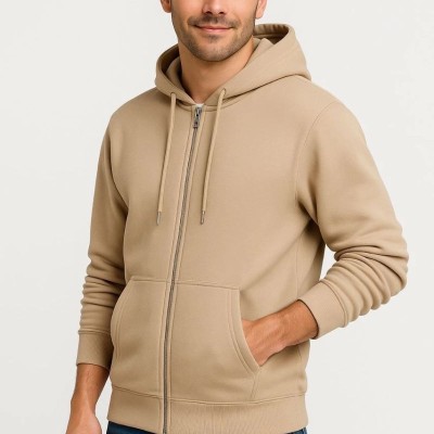 Erkek 3 İplik Pamuklu Kapüşonlu Tam Fermuarlı Cepli Hoodie Sweatshirt - Bej Erkek 3 İplik Pamuklu Kapüşonlu Tam Fermuarlı Cepli Hoodie Sweatshirt - Bej