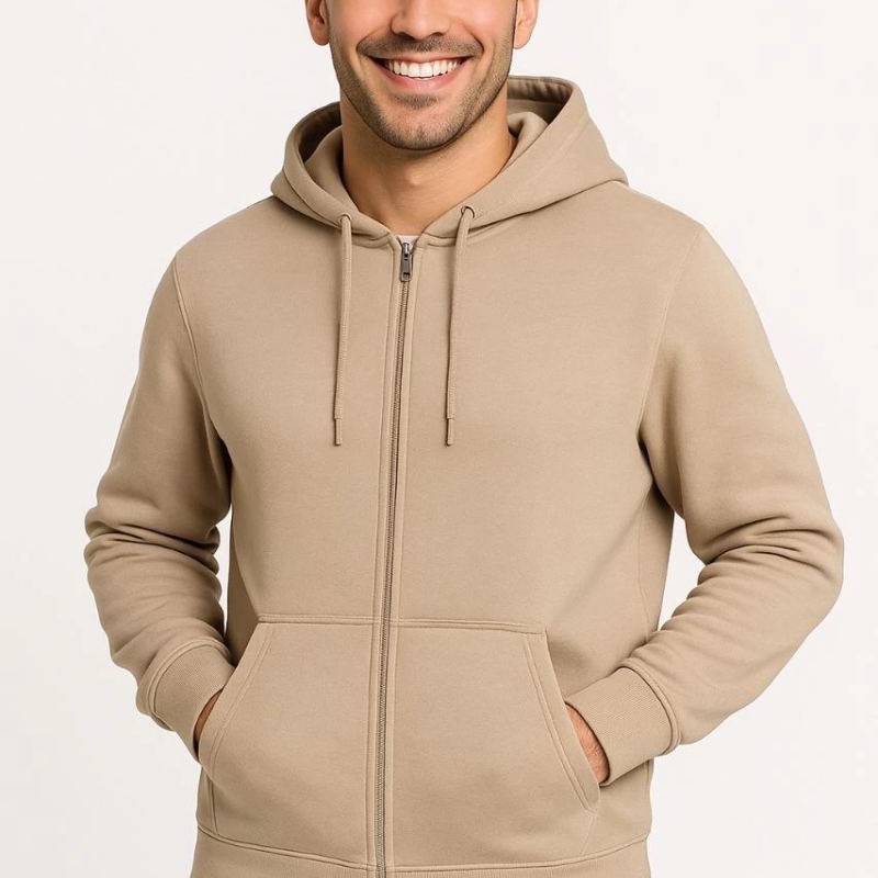 Erkek 3 İplik Pamuklu Kapüşonlu Tam Fermuarlı Cepli Hoodie Sweatshirt - Bej Erkek 3 İplik Pamuklu Kapüşonlu Tam Fermuarlı Cepli Hoodie Sweatshirt - Bej