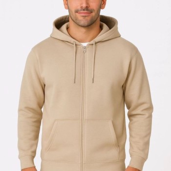 Erkek 3 İplik Pamuklu Kapüşonlu Tam Fermuarlı Cepli Hoodie Sweatshirt - Bej