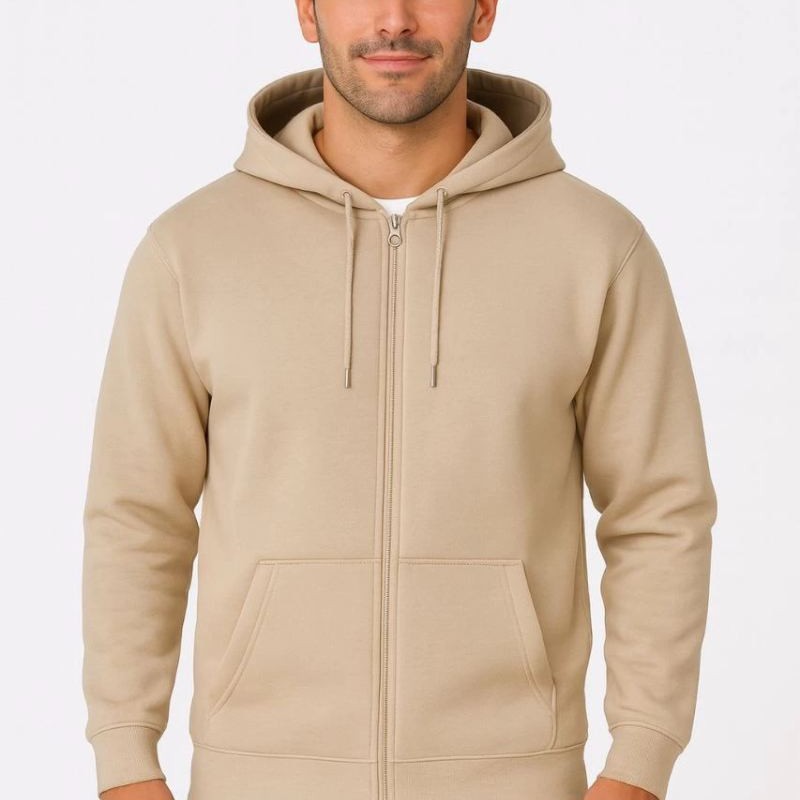 Erkek 3 İplik Pamuklu Kapüşonlu Tam Fermuarlı Cepli Hoodie Sweatshirt - Bej Erkek 3 İplik Pamuklu Kapüşonlu Tam Fermuarlı Cepli Hoodie Sweatshirt - Bej