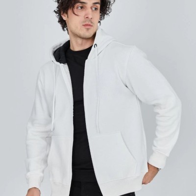 Erkek 3 İplik Pamuklu Kapüşonlu Tam Fermuarlı Cepli Hoodie Sweatshirt - Beyaz Erkek 3 İplik Pamuklu Kapüşonlu Tam Fermuarlı Cepli Hoodie Sweatshirt - Beyaz