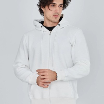 Erkek 3 İplik Pamuklu Kapüşonlu Tam Fermuarlı Cepli Hoodie Sweatshirt - Beyaz Erkek 3 İplik Pamuklu Kapüşonlu Tam Fermuarlı Cepli Hoodie Sweatshirt - Beyaz