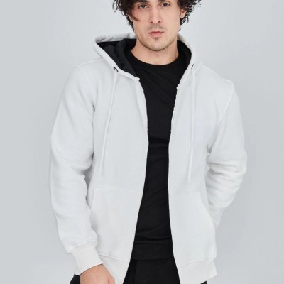 Erkek 3 İplik Pamuklu Kapüşonlu Tam Fermuarlı Cepli Hoodie Sweatshirt - Beyaz Erkek 3 İplik Pamuklu Kapüşonlu Tam Fermuarlı Cepli Hoodie Sweatshirt - Beyaz
