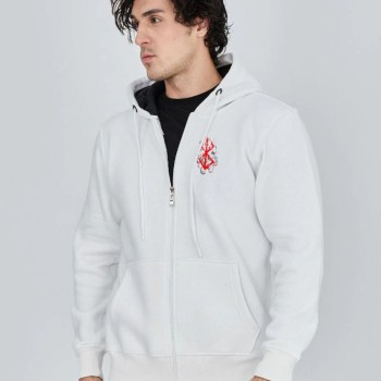 Erkek 3 İplik Pamuklu Kapüşonlu Tam Fermuarlı Cepli Hoodie Sweatshirt - Beyaz