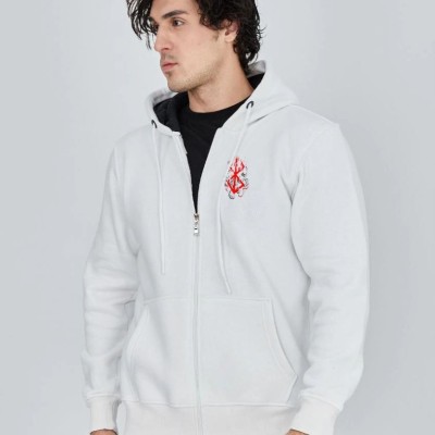 Erkek 3 İplik Pamuklu Kapüşonlu Tam Fermuarlı Cepli Hoodie Sweatshirt - Beyaz