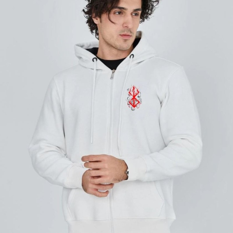 Erkek 3 İplik Pamuklu Kapüşonlu Tam Fermuarlı Cepli Hoodie Sweatshirt - Beyaz
