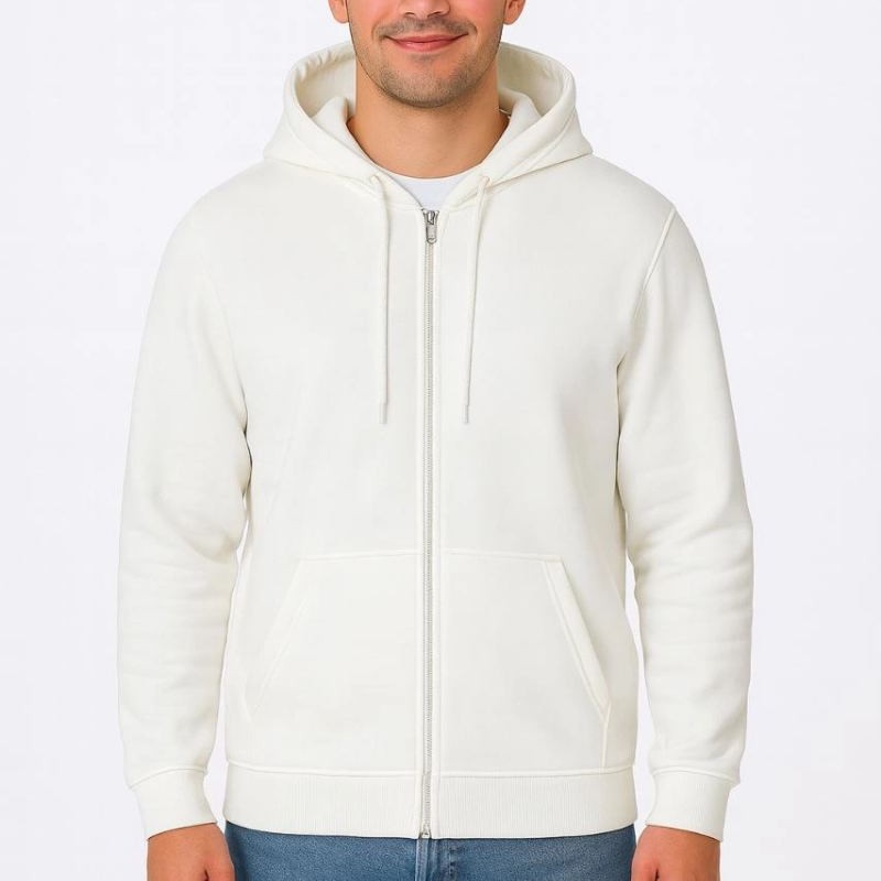 Erkek 3 İplik Pamuklu Kapüşonlu Tam Fermuarlı Cepli Hoodie Sweatshirt - Beyaz Erkek 3 İplik Pamuklu Kapüşonlu Tam Fermuarlı Cepli Hoodie Sweatshirt - Beyaz