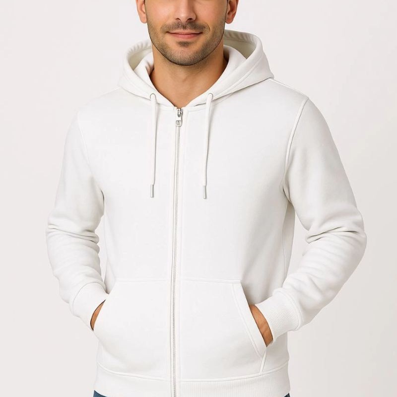 Erkek 3 İplik Pamuklu Kapüşonlu Tam Fermuarlı Cepli Hoodie Sweatshirt - Beyaz Erkek 3 İplik Pamuklu Kapüşonlu Tam Fermuarlı Cepli Hoodie Sweatshirt - Beyaz
