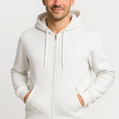 Erkek 3 İplik Pamuklu Kapüşonlu Tam Fermuarlı Cepli Hoodie Sweatshirt - Beyaz Erkek 3 İplik Pamuklu Kapüşonlu Tam Fermuarlı Cepli Hoodie Sweatshirt - Beyaz