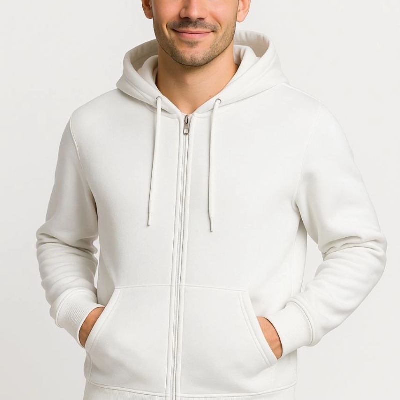 Erkek 3 İplik Pamuklu Kapüşonlu Tam Fermuarlı Cepli Hoodie Sweatshirt - Beyaz Erkek 3 İplik Pamuklu Kapüşonlu Tam Fermuarlı Cepli Hoodie Sweatshirt - Beyaz