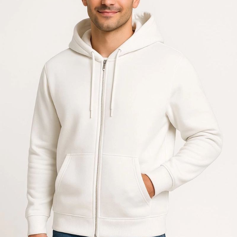 Erkek 3 İplik Pamuklu Kapüşonlu Tam Fermuarlı Cepli Hoodie Sweatshirt - Beyaz Erkek 3 İplik Pamuklu Kapüşonlu Tam Fermuarlı Cepli Hoodie Sweatshirt - Beyaz