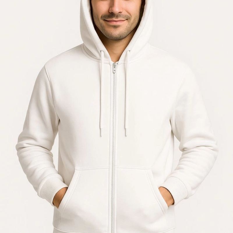 Erkek 3 İplik Pamuklu Kapüşonlu Tam Fermuarlı Cepli Hoodie Sweatshirt - Beyaz Erkek 3 İplik Pamuklu Kapüşonlu Tam Fermuarlı Cepli Hoodie Sweatshirt - Beyaz
