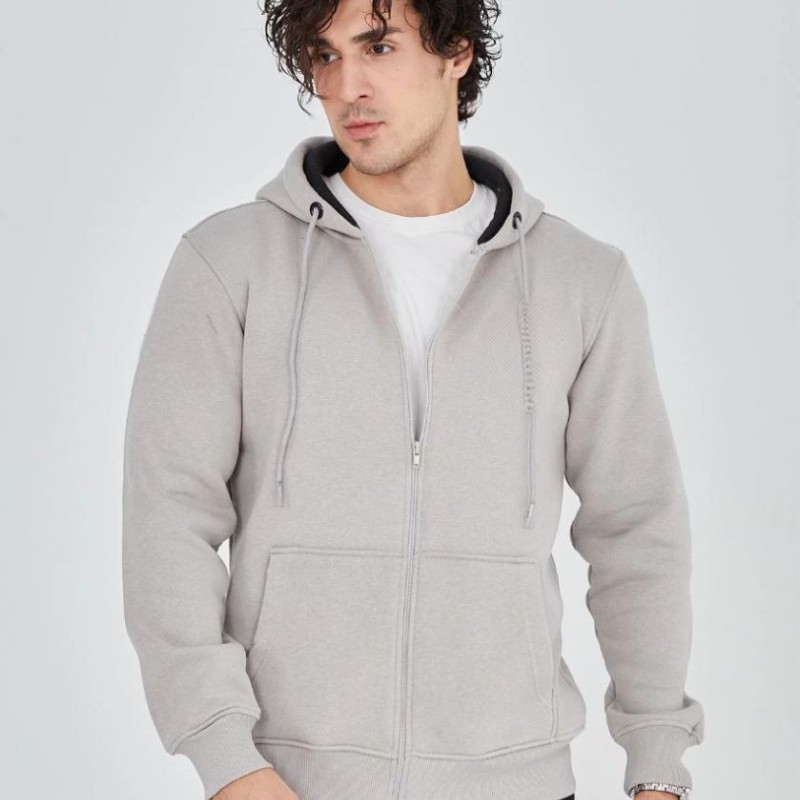 Erkek 3 İplik Pamuklu Kapüşonlu Tam Fermuarlı Cepli Hoodie Sweatshirt - Boyalı Gri Erkek 3 İplik Pamuklu Kapüşonlu Tam Fermuarlı Cepli Hoodie Sweatshirt - Boyalı Gri