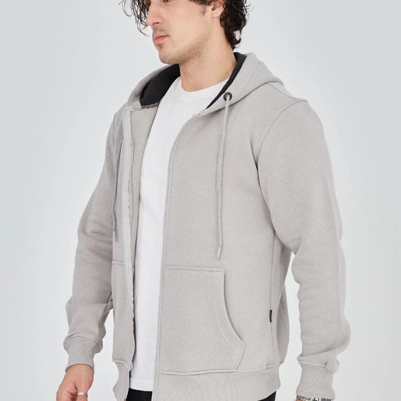 Erkek 3 İplik Pamuklu Kapüşonlu Tam Fermuarlı Cepli Hoodie Sweatshirt - Boyalı Gri Erkek 3 İplik Pamuklu Kapüşonlu Tam Fermuarlı Cepli Hoodie Sweatshirt - Boyalı Gri
