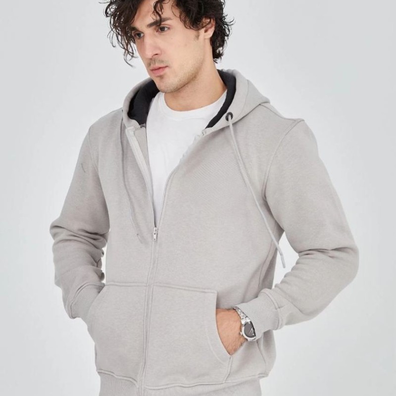 Erkek 3 İplik Pamuklu Kapüşonlu Tam Fermuarlı Cepli Hoodie Sweatshirt - Boyalı Gri Erkek 3 İplik Pamuklu Kapüşonlu Tam Fermuarlı Cepli Hoodie Sweatshirt - Boyalı Gri