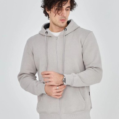 Erkek 3 İplik Pamuklu Kapüşonlu Tam Fermuarlı Cepli Hoodie Sweatshirt - Boyalı Gri Erkek 3 İplik Pamuklu Kapüşonlu Tam Fermuarlı Cepli Hoodie Sweatshirt - Boyalı Gri