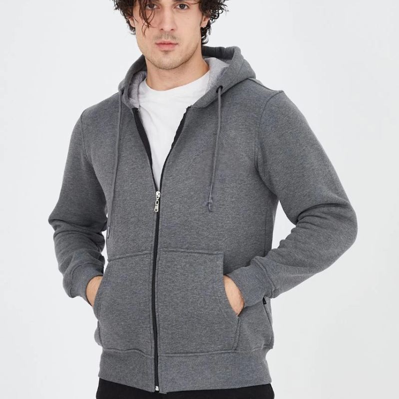 Erkek 3 İplik Pamuklu Kapüşonlu Tam Fermuarlı Cepli Hoodie Sweatshirt - Füme Erkek 3 İplik Pamuklu Kapüşonlu Tam Fermuarlı Cepli Hoodie Sweatshirt - Füme
