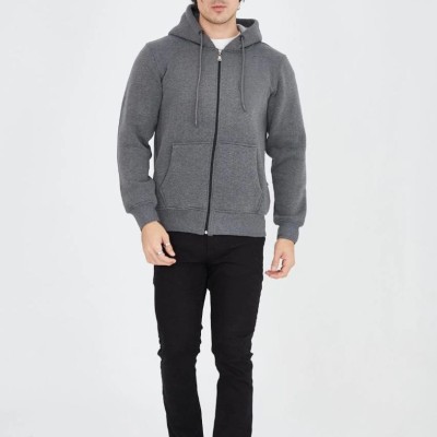 Erkek 3 İplik Pamuklu Kapüşonlu Tam Fermuarlı Cepli Hoodie Sweatshirt - Füme Erkek 3 İplik Pamuklu Kapüşonlu Tam Fermuarlı Cepli Hoodie Sweatshirt - Füme