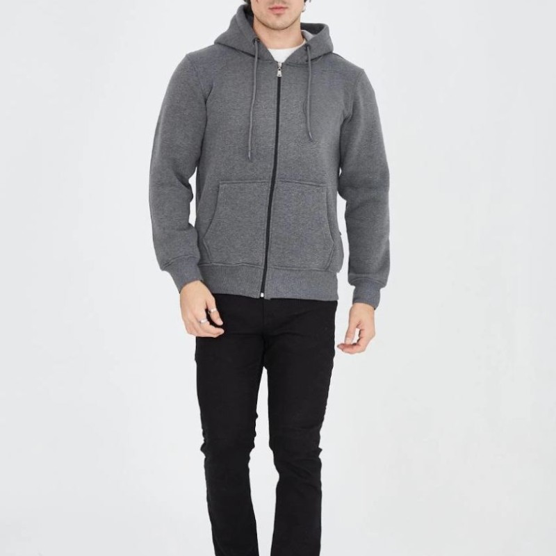 Erkek 3 İplik Pamuklu Kapüşonlu Tam Fermuarlı Cepli Hoodie Sweatshirt - Füme Erkek 3 İplik Pamuklu Kapüşonlu Tam Fermuarlı Cepli Hoodie Sweatshirt - Füme