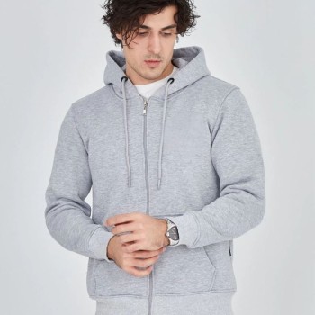 Erkek 3 İplik Pamuklu Kapüşonlu Tam Fermuarlı Cepli Hoodie Sweatshirt - Gri