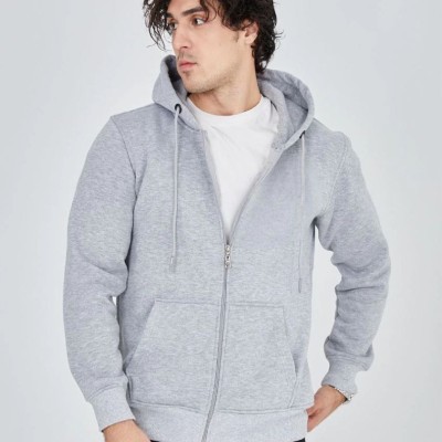 Erkek 3 İplik Pamuklu Kapüşonlu Tam Fermuarlı Cepli Hoodie Sweatshirt - Gri Erkek 3 İplik Pamuklu Kapüşonlu Tam Fermuarlı Cepli Hoodie Sweatshirt - Gri