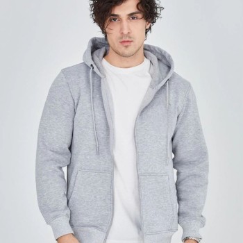 Erkek 3 İplik Pamuklu Kapüşonlu Tam Fermuarlı Cepli Hoodie Sweatshirt - Gri