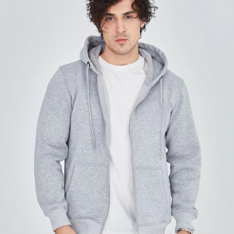 Erkek 3 İplik Pamuklu Kapüşonlu Tam Fermuarlı Cepli Hoodie Sweatshirt - Gri Erkek 3 İplik Pamuklu Kapüşonlu Tam Fermuarlı Cepli Hoodie Sweatshirt - Gri