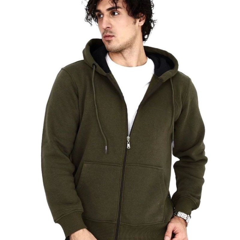 Erkek 3 İplik Pamuklu Kapüşonlu Tam Fermuarlı Cepli Hoodie Sweatshirt - Haki Erkek 3 İplik Pamuklu Kapüşonlu Tam Fermuarlı Cepli Hoodie Sweatshirt - Haki