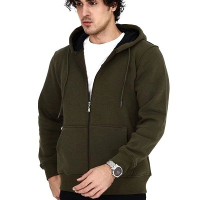 Erkek 3 İplik Pamuklu Kapüşonlu Tam Fermuarlı Cepli Hoodie Sweatshirt - Haki Erkek 3 İplik Pamuklu Kapüşonlu Tam Fermuarlı Cepli Hoodie Sweatshirt - Haki