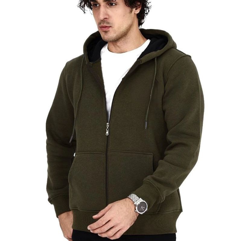 Erkek 3 İplik Pamuklu Kapüşonlu Tam Fermuarlı Cepli Hoodie Sweatshirt - Haki Erkek 3 İplik Pamuklu Kapüşonlu Tam Fermuarlı Cepli Hoodie Sweatshirt - Haki