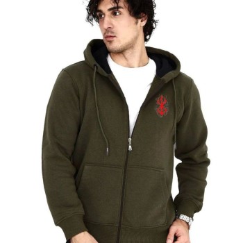 Erkek 3 İplik Pamuklu Kapüşonlu Tam Fermuarlı Cepli Hoodie Sweatshirt - Haki