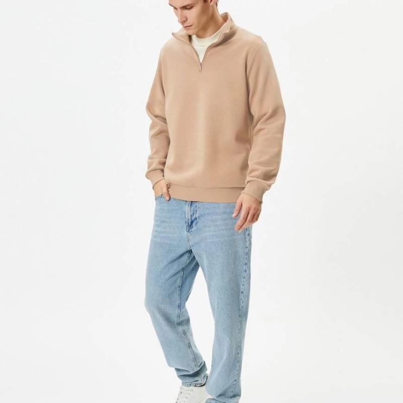 Erkek 3 iplik Pamuklu Uzun Kol Yarım Farmuarlı Yakalı SweatShirt - Bej