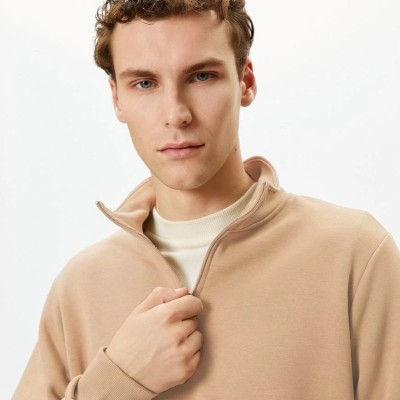Erkek 3 iplik Pamuklu Uzun Kol Yarım Farmuarlı Yakalı SweatShirt - Bej
