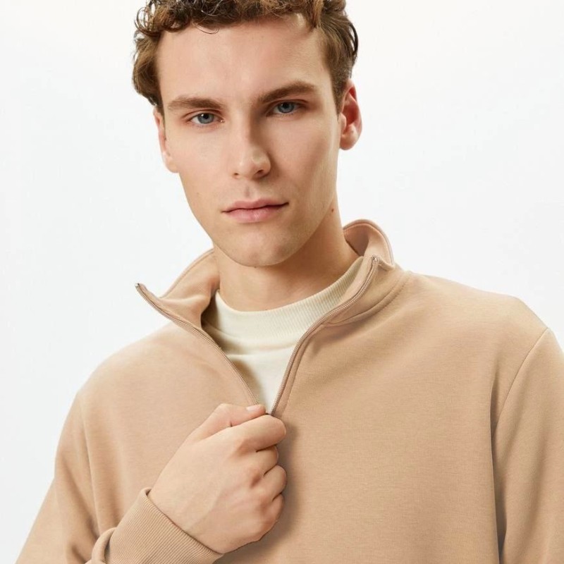 Erkek 3 iplik Pamuklu Uzun Kol Yarım Farmuarlı Yakalı SweatShirt - Bej
