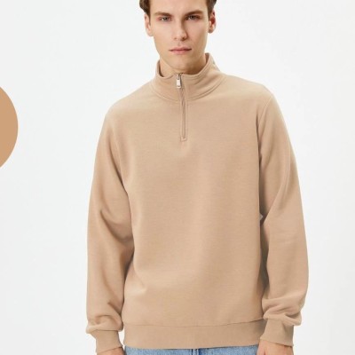 Erkek 3 iplik Pamuklu Uzun Kol Yarım Farmuarlı Yakalı SweatShirt - Bej