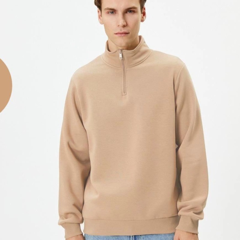 Erkek 3 iplik Pamuklu Uzun Kol Yarım Farmuarlı Yakalı SweatShirt - Bej