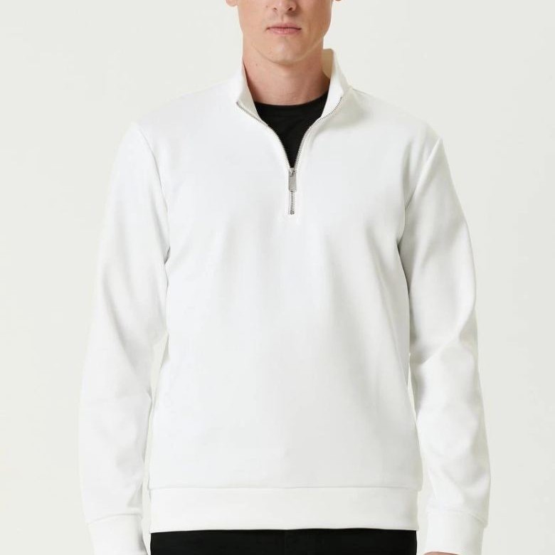 Erkek 3 iplik Pamuklu Uzun Kol Yarım Farmuarlı Yakalı SweatShirt - - Beyaz