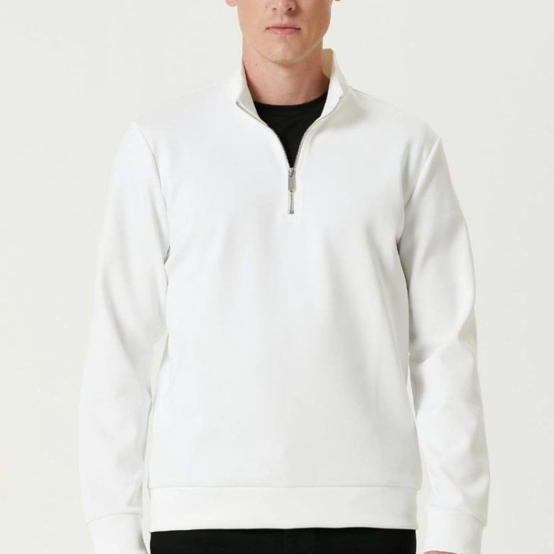 Erkek 3 iplik Pamuklu Uzun Kol Yarım Farmuarlı Yakalı SweatShirt - - Beyaz