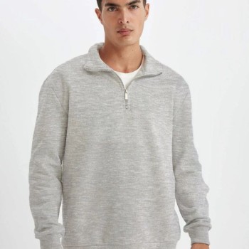 Erkek 3 iplik Pamuklu Uzun Kol Yarım Farmuarlı Yakalı SweatShirt - Gri