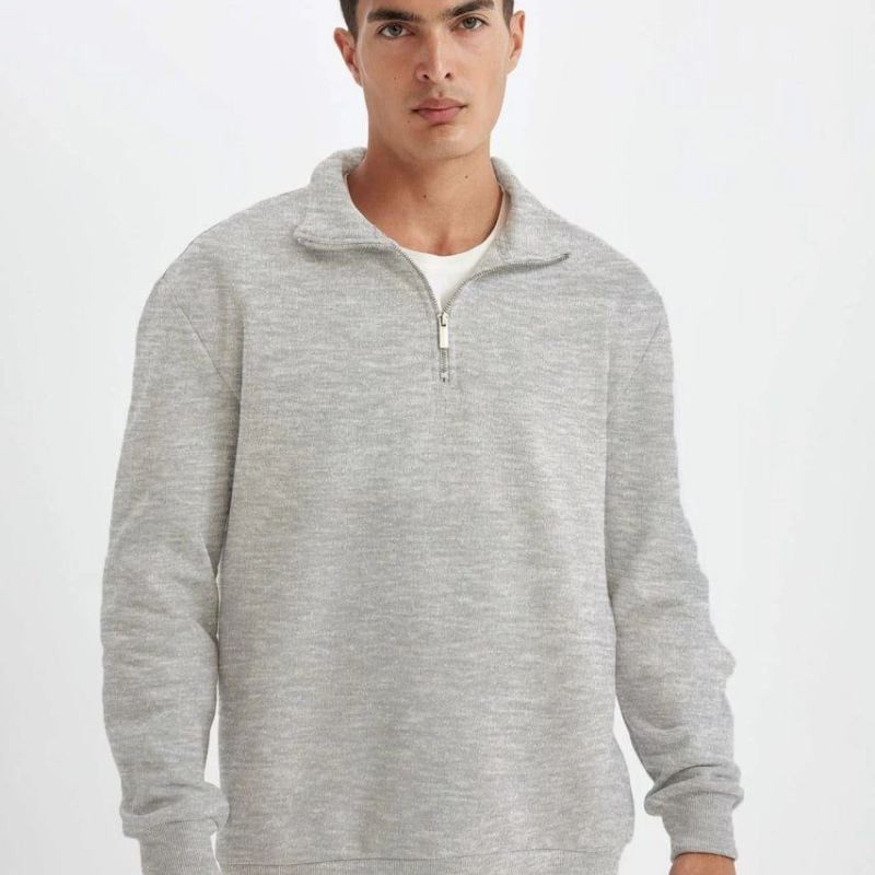 Erkek 3 iplik Pamuklu Uzun Kol Yarım Farmuarlı Yakalı SweatShirt - Gri