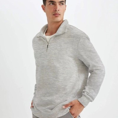 Erkek 3 iplik Pamuklu Uzun Kol Yarım Farmuarlı Yakalı SweatShirt - Gri