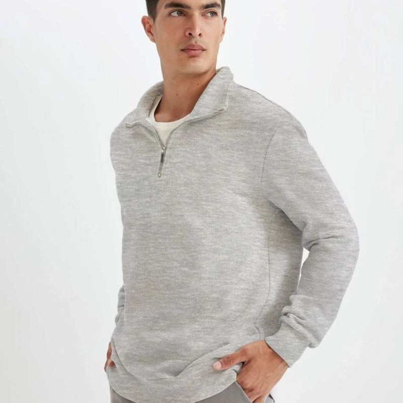 Erkek 3 iplik Pamuklu Uzun Kol Yarım Farmuarlı Yakalı SweatShirt - Gri