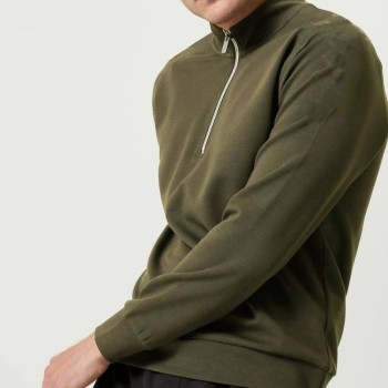 Erkek 3 iplik Pamuklu Uzun Kol Yarım Farmuarlı Yakalı SweatShirt - - Haki