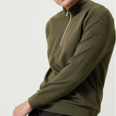 Erkek 3 iplik Pamuklu Uzun Kol Yarım Farmuarlı Yakalı SweatShirt - - Haki