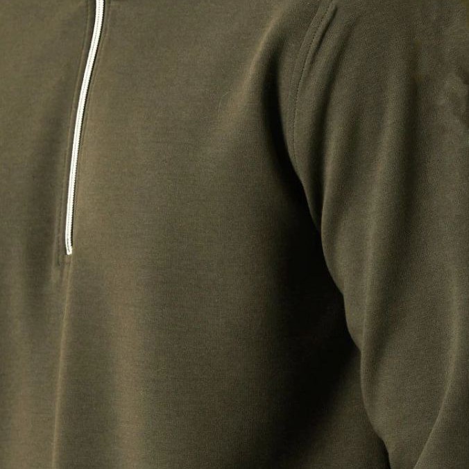 Erkek 3 iplik Pamuklu Uzun Kol Yarım Farmuarlı Yakalı SweatShirt - - Haki