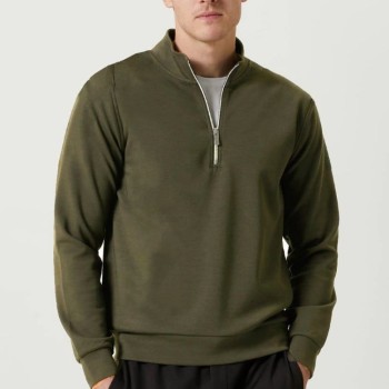 Erkek 3 iplik Pamuklu Uzun Kol Yarım Farmuarlı Yakalı SweatShirt - - Haki