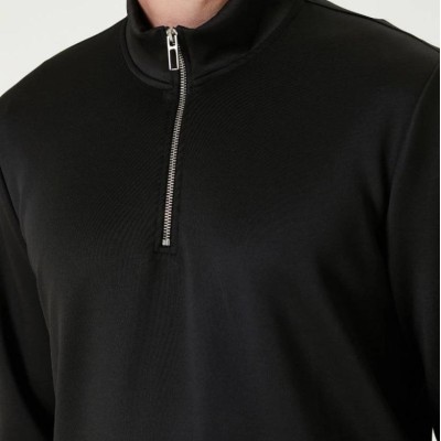 Erkek 3 iplik Pamuklu Uzun Kol Yarım Farmuarlı Yakalı SweatShirt - Siyah