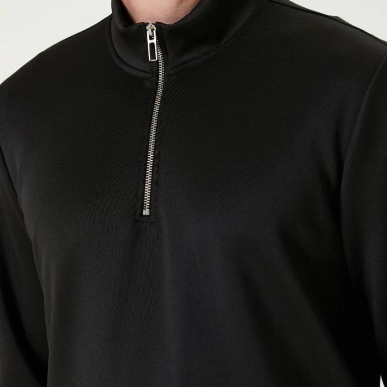 Erkek 3 iplik Pamuklu Uzun Kol Yarım Farmuarlı Yakalı SweatShirt - Siyah