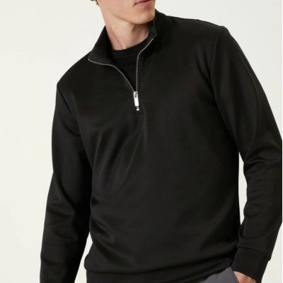 Erkek 3 iplik Pamuklu Uzun Kol Yarım Farmuarlı Yakalı SweatShirt - Siyah